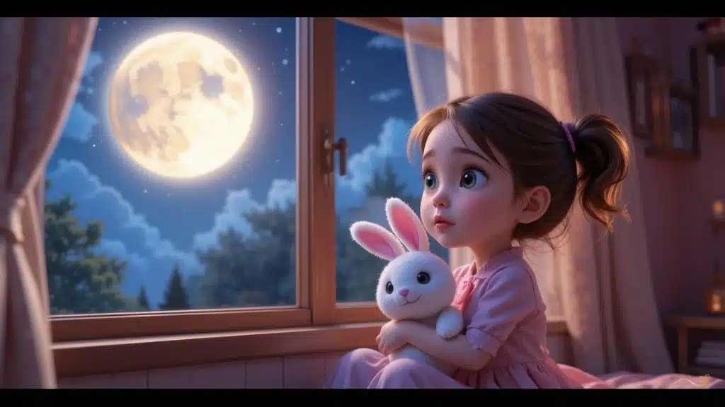 The moon hidden behind a gray cloud, with a sad face, watched by the girl at the window.