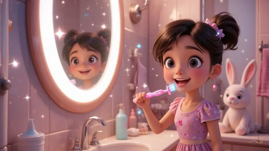 Girl brushing her teeth with bright pink brush in bathroom with magic stars.