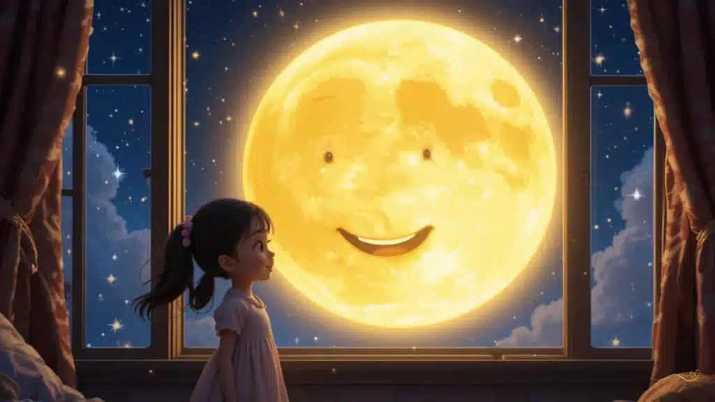 Clara smiling out of the window at the full moon with its shining face and illuminated dimples.