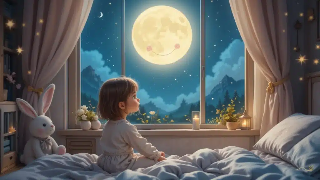 Menina olhando pela janela para a lua sorridente em uma noite mágica.