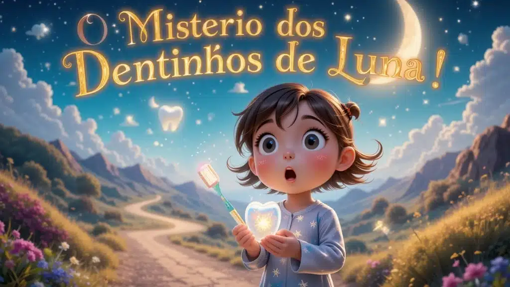 Animação estilo pixar, de uma menina de 5 anos de idade, vestindo um pijama de estrelinhas em um mundo encantado chamado o Mistério dos Dentinhos perdidos de Luna.