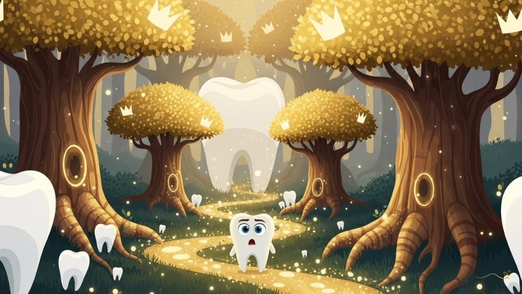 An enchanting entrance to the magical forest features giant, tooth-shaped trees with golden leaves like crowns shimmering atop their branches. Shimmering golden roots illuminate the paths like lights. Tino appears awed and enchanted. Trees whisper ancient stories with soft sounds. A magical golden atmosphere fills a moment of wonder and enchantment.