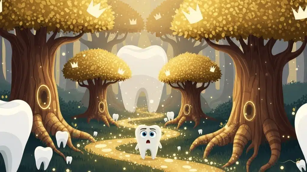 Entrada encantadora na floresta mágica com árvores gigantes em forma de dentes com folhas douradas como coroas cintilando no topo dos galhos. Raízes de ouro cintilantes iluminam os caminhos como luzes. Tino parece maravilhado e encantado. Árvores sussurram histórias antigas com sons suaves. Atmosfera dourada mágica em momento de admiração e encantamento.