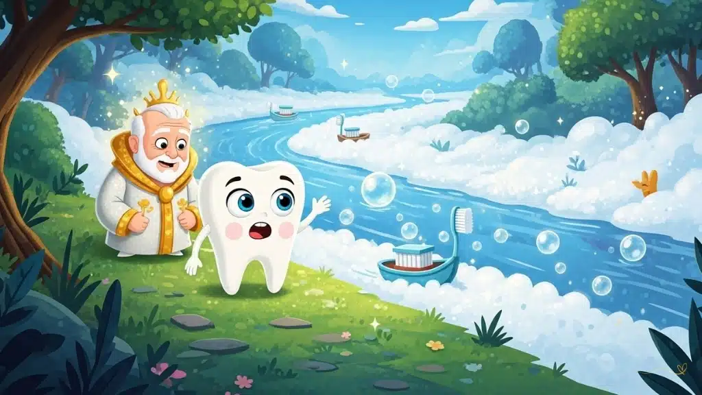 Chegada encantadora na margem do rio com Tino parecendo maravilhado olhando para o Rio Encantado da Escovação feito de espuma cintilante brilhante com bolhas flutuantes. Pequenos barcos em forma de escova de dentes na água. Sorriso, o sábio guardião com brilho dourado, aparece para acompanhar. Atmosfera de admiração e animação na linda paisagem mágica do rio.