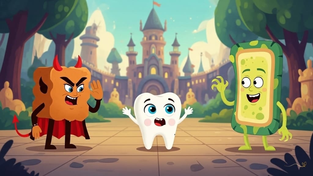 A dramatic confrontation with Buttercup arriving with a mischievous laugh and Plack ready to play pranks. Tino maintains a brave and determined stance in a defensive pose. A confrontational atmosphere suitable for children in the Kingdom of Smiles, representing the theme of courage versus mischief.