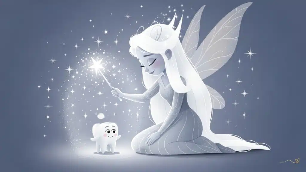 The Fairy Luma, wearing a shimmering silver dress with flowing hair, comforts Tino with her magic wand, creating a protective light. Both are surrounded by healing glow in a warm and reassuring atmosphere. This is a maternal and caring expression from the fairy.  