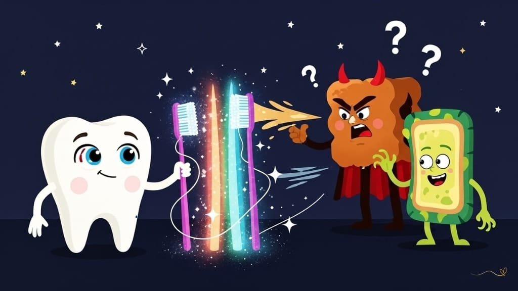 An educational magic battle with Tino using magic toothbrushes and floss to create protective barriers against Buttercup and Plack, who try to spread sugar and mess. Colorful magical cleaning effects create an educational action sequence, teaching dental care through vibrant magical play.
