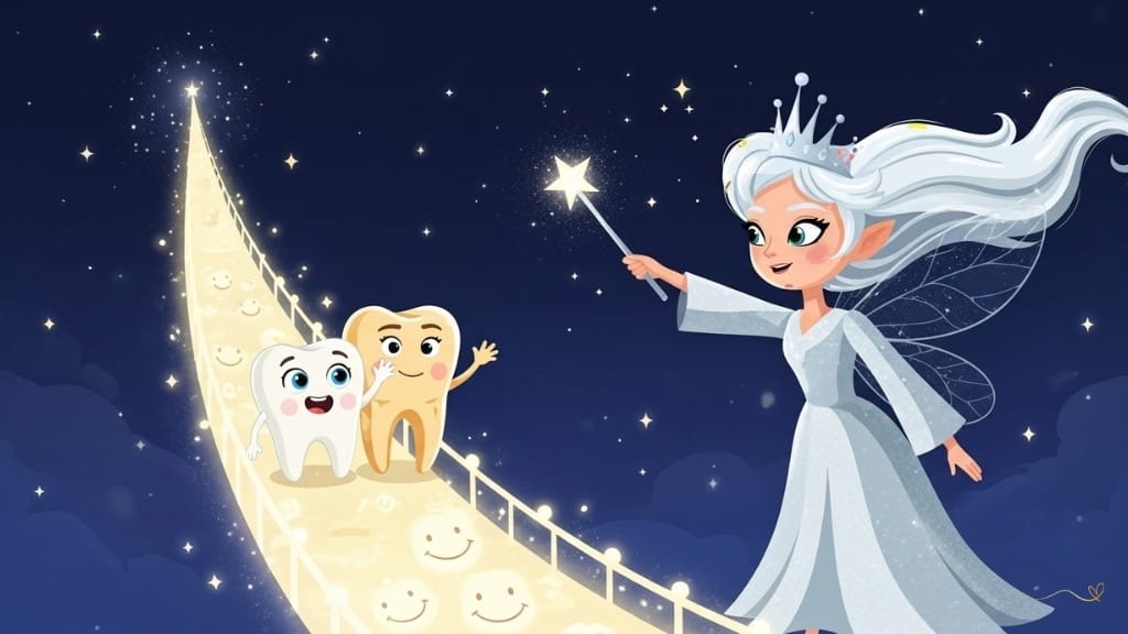 A magical adventure with a bridge of brilliant light appearing in the sky, created by the touch of Fairy Luma's wand. Tino, Fairy Luma, and Smile climb the magical bridge together. Reflections of the children's smiles illuminate the path seen from below. The journey to the Star Kingdom begins with an atmosphere of wonder and determination.   