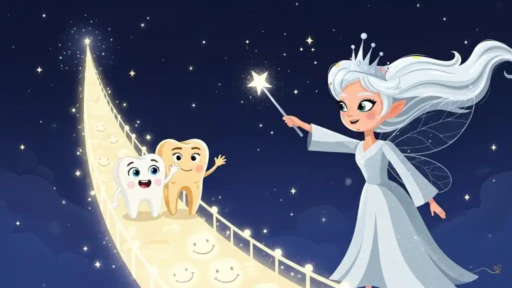 Aventura mágica com ponte de luz brilhante aparecendo no céu criada pelo toque da varinha da Fada Luma. Tino, Fada Luma e Sorriso sobem juntos pela ponte mágica. Reflexos dos sorrisos das crianças iluminam o caminho visto de baixo. Jornada ao Reino das Estrelas começando em atmosfera de admiração e determinação.