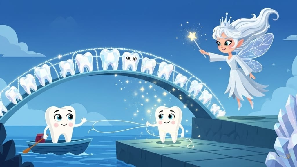 Desafio da ponte com barco parando diante da grande Ponte do Fio Dental feita de fios brilhantes. Tino usa fio dental mágico cuidadosamente limpando entre os dentes de cristal que formam a ponte. A ponte se ilumina e abre caminho cada vez que o fio passa corretamente. Fada Luma explica técnica delicada. Lição educativa sobre uso do fio dental com efeitos de iluminação mágica.