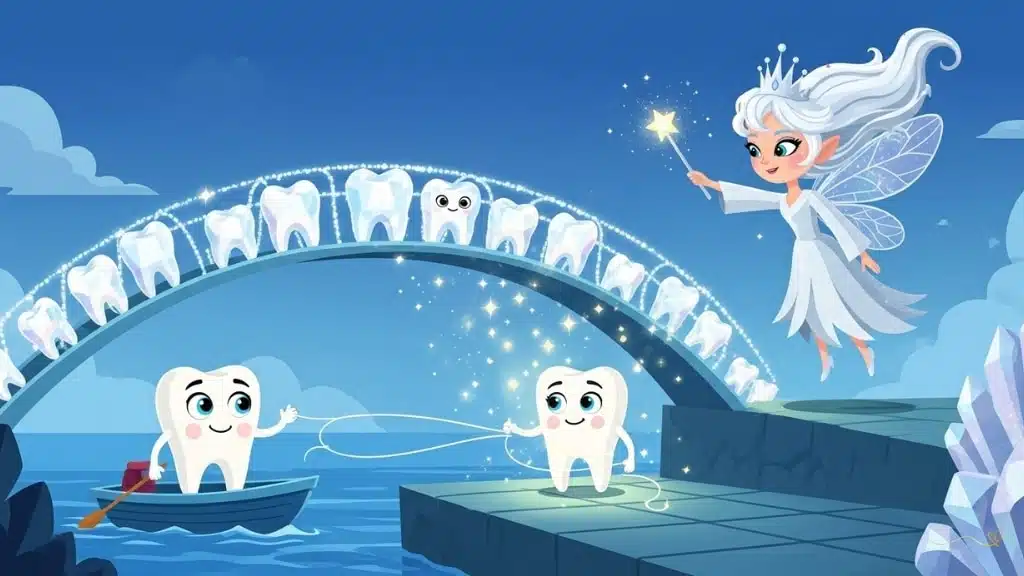 Desafio da ponte com barco parando diante da grande Ponte do Fio Dental feita de fios brilhantes. Tino usa fio dental mágico cuidadosamente limpando entre os dentes de cristal que formam a ponte. A ponte se ilumina e abre caminho cada vez que o fio passa corretamente. Fada Luma explica técnica delicada. Lição educativa sobre uso do fio dental com efeitos de iluminação mágica.