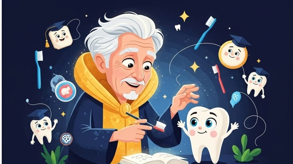 A teaching moment with Sorriso, the wise guardian tooth with a golden glow, explaining magical lessons to Tino, who listens attentively. Magical educational elements float around, displaying toothbrushes and floss. A magical learning atmosphere in a warm scene of mentorship and sharing of protective wisdom.  