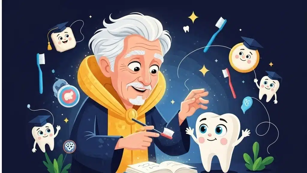 Momento de ensino com Sorriso, o sábio guardião dente com brilho dourado, explicando lições mágicas a Tino que escuta atentamente. Elementos educativos mágicos flutuam ao redor mostrando escovas de dentes e fio dental. Atmosfera de aprendizado mágico em cena calorosa de mentoria e compartilhamento de sabedoria protetora.