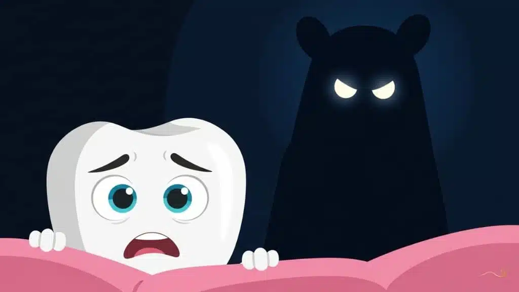 Tino hides nervously behind his pink gums while a mysterious shadow with glowing eyes watches him from a distance. The dramatic contrast between the illuminated areas and the shadowy figure creates suspense suitable for children. 