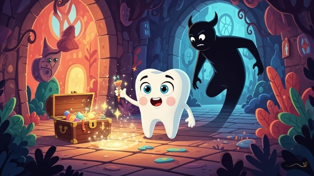 A mysterious encounter with Tino wandering through the colorful corners of the Kingdom, playing with magical items from the vault, while a large shadowy figure glides silently nearby. Tino watches with wide, curious eyes, asking questions, while the shadow observes from a distance in a colorful, magical environment with a suspenseful atmosphere suitable for children. 