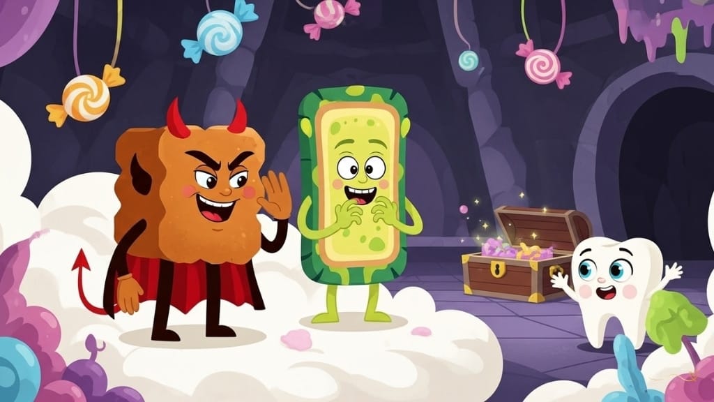 A scene of villainous planning features Buttercup, the brown sugar cube with horns and a red cape, laughing maliciously in a cloud of sugar. Plack, the slimy, yellow-green creature, rubs his claws together, plotting schemes. Candy decorations float around, creating an atmosphere reminiscent of an evil lair. Tiny appears in the background exploring the magic vault, oblivious to the villains' plans.