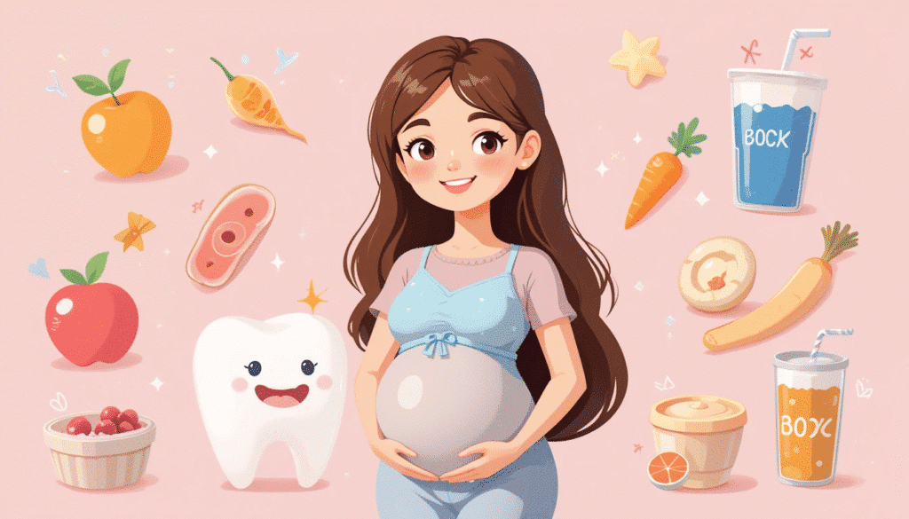 Ilustração animada em 2D com gestante e um dentinho mágico de óculos, cercados por alimentos saudáveis e doces, representando dúvidas frequentes sobre saúde bucal na gravidez.