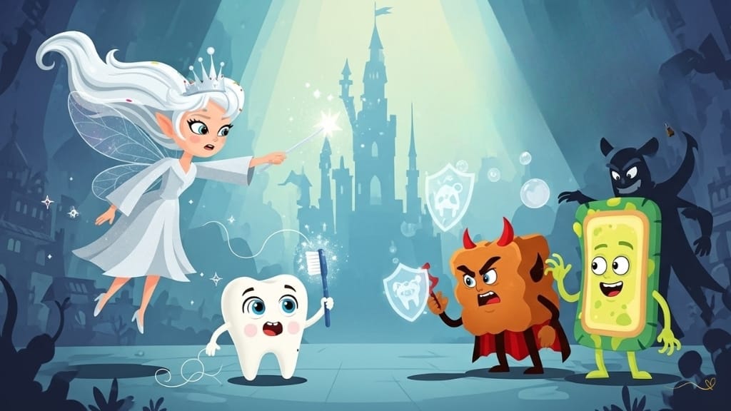 Pixar-style action poster for Episode 3, "The Invasion of Buttercup and Plack." Tino, the little white baby tooth with expressive blue eyes, stands in a heroic defensive pose holding a mini magic toothbrush and sparkling dental floss. The Fairy Luma flies urgently in the background, her silver dress projecting a protective light. The villains Buttercup, the brown sugar cube with little horns and a red cape, and Plack, the yellow-green slime creature, attack with mischievous expressions. Magical shields and protective bubbles surround the Kingdom of Smiles. The mysterious shadowy figure still lurks in the background. Educational action-adventure atmosphere.