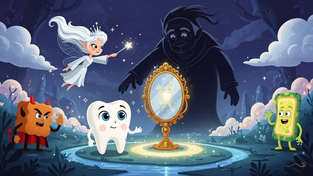 As Aventuras do Dente de Leite episodio 4: Pôster misterioso no estilo Pixar do Episódio 4 "O Mistério da Sombra Mágica". Tino, o pequeno dente de leite branco com olhos azuis expressivos, olha curiosamente para uma grande figura sombria misteriosa. Um espelho mágico no centro do fundo reflete luz dourada. A Fada Luma voa com seu vestido prateado e brilhos protetores. A sombra se revela como Sorriso, o guardião dente mais velho com brilho dourado caloroso. O Reino dos Sorrisos se estende com rios cintilantes e nuvens de luz flutuantes. Docinho e Plack ainda se escondem nos cantos. Tema de revelação do mistério em aventura adequada para crianças.