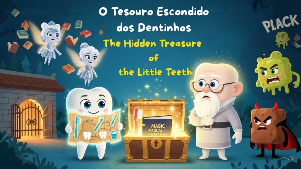 As AVenturas do Dente de Leite Episódio 5: Pôster de aventura de caça ao tesouro no estilo Pixar do Episódio 5 "O Tesouro Escondido dos Dentinhos". Tino, o pequeno dente de leite branco com olhos azuis expressivos, segura um mapa mágico brilhante com símbolos de escova de dentes, fio dental e copo de enxágue. Um baú dourado iluminado aberto no centro revela o livro Manual Mágico do Sorriso Saudável com brilhos. A Fada Luma com vestido prateado e Sorriso, o guardião dente mais velho com brilho dourado, ficam ao lado de Tino apoiando-o. Ao fundo, a Biblioteca dos Dentinhos com livros flutuantes dançantes, Floresta dos Molares Gigantes e portão de caramelo. Docinho e Plack espiam furiosamente das sombras. Tema de caça ao tesouro educativa mágica.