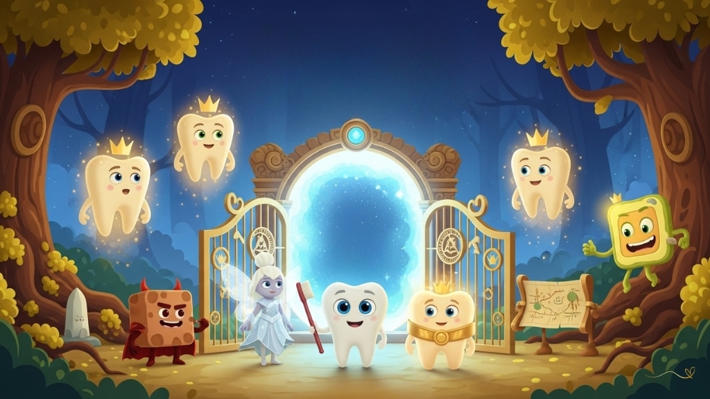 As Aventuras do Dente de Leite- Episódio 8: Pôster épico de final de temporada no estilo Pixar do Episódio 8 "A Floresta dos Dentes de Ouro". Tino, o pequeno dente de leite branco com olhos azuis expressivos, segura sua escova mágica ficando confiante diante de um magnífico portal místico brilhando com luz dourada e azul no centro. Floresta mágica com árvores gigantes em forma de dentes com folhas douradas como coroas e raízes de ouro cintilantes iluminando os caminhos. Três grandes Dentes Guardiões Dourados flutuantes com olhos bondosos pairam protetoramente. Fada Luma e Sorriso ficam ao lado de Tino. Portões dourados ornamentados com símbolos mágicos estão abertos. Docinho e Plack se escondem atrás das árvores douradas tramando. Mapa mágico do Cofre Secreto visível. Atmosfera épica de final de temporada prometendo novas aventuras.