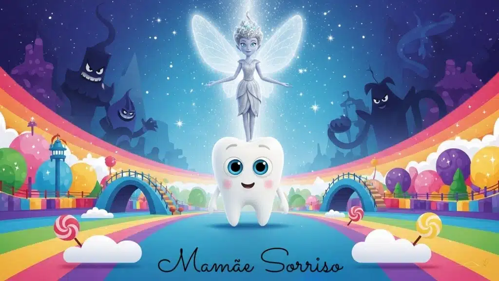 A colorful Pixar-style illustration depicts Tino, a small white baby tooth with expressive blue eyes, in the center of the image. In the background, the Fairy Luma shines in a silver dress and magic wand. The Kingdom of Smiles stretches out with colorful bridges and glittering clouds. In the shadows, the villains Buttercup and Plack watch furtively. A magical and adventurous atmosphere suitable for children.    