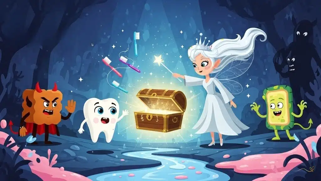 Colorful Pixar-style poster for Episode 2, "The Fairy's Secret Vault." Tiny, the little white baby tooth with expressive blue eyes, extends his arms toward a glowing magical vault floating in the center. The Fairy Luma, in a silver dress and sparkling wand, projects a protective light. A river of saliva with crystal-clear reflections appears below, with colorful mini toothbrushes and magical dental floss floating around the vault. The villains Buttercup and Plack hide in the dark corners, while a mysterious shadowy figure lurks in the background. The atmosphere of a magical educational adventure.     
