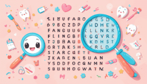 Colorful children's word search with smiling magnifying glass and letters in flat design.