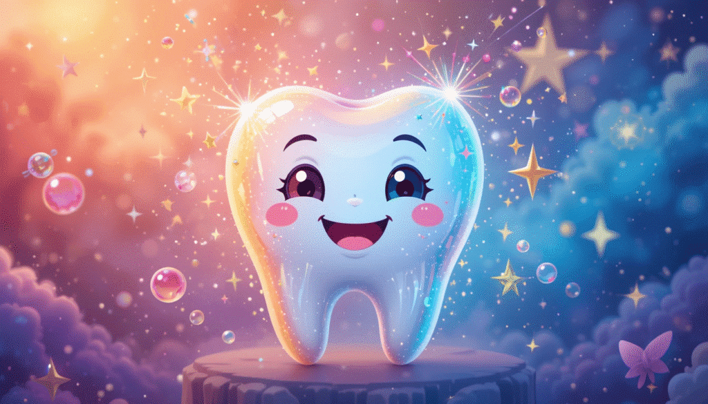 desenho em flat design de um dente de leite fofo e mágico.