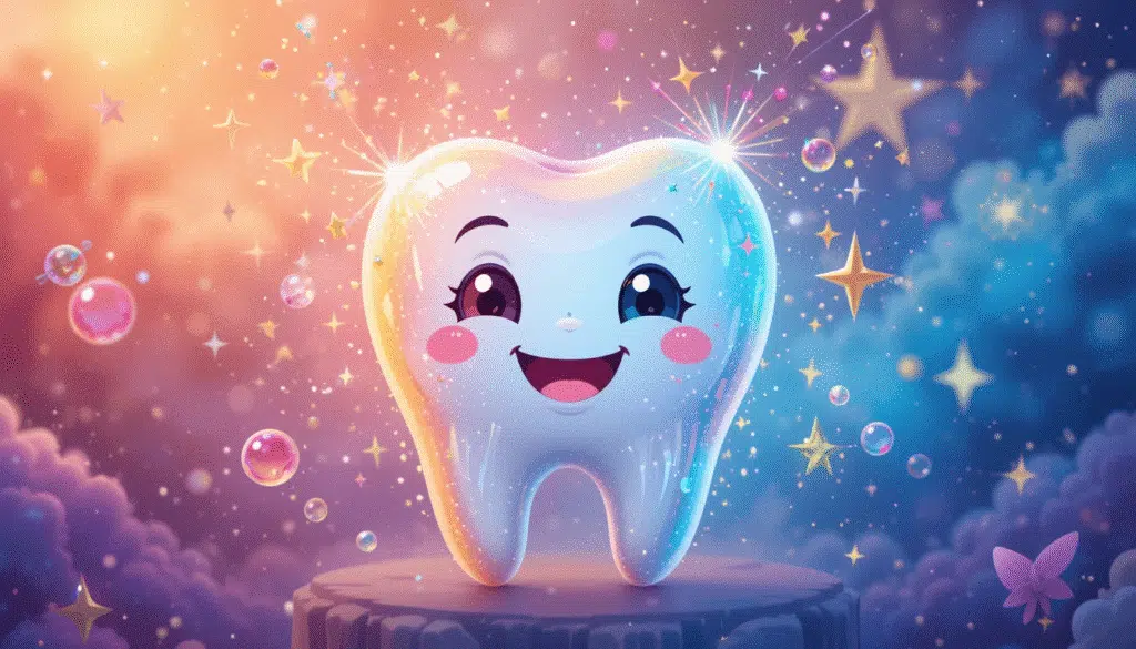 desenho em flat design de um dente de leite fofo e mágico.