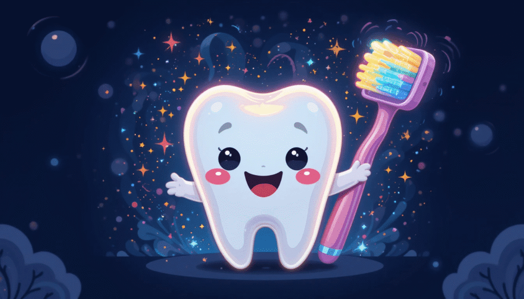 desenho em flat design de um dente de e=leite fofo segurando uma escova de dentes de cerdas coloridas.