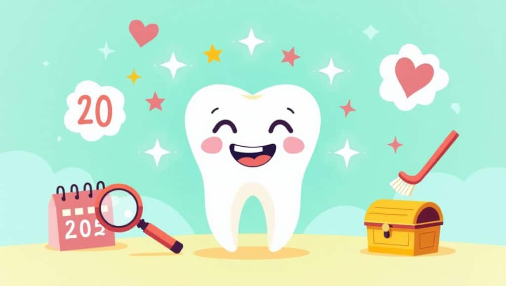 Ilustração vibrante em flat design de um dentinho de leite feliz, com ícones como calendário, lupa, escova de dente e baú da fada, em cores pastel intensas sobre fundo colorido.