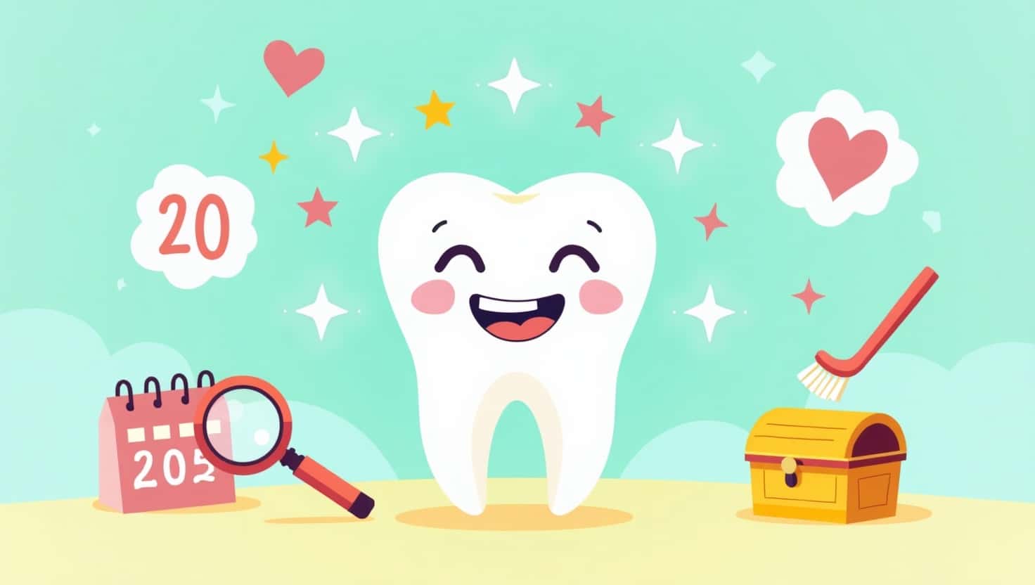 Vibrant flat design illustration of a happy baby tooth, with icons such as a calendar, magnifying glass, toothbrush, and fairy chest, in intense pastel colors on a colorful background.