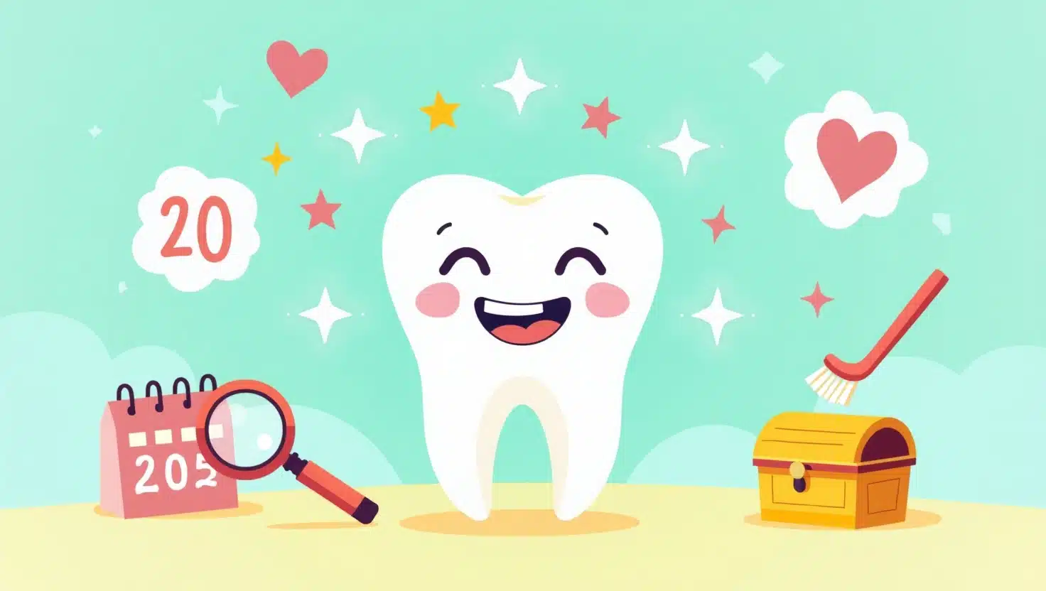 Vibrant flat design illustration of a happy baby tooth, with icons such as a calendar, magnifying glass, toothbrush, and fairy chest, in intense pastel colors on a colorful background.
