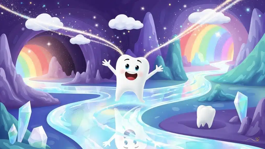 Tino explores magical landscapes inside his mouth, jumping joyfully with open arms. Crystalline rivers of saliva sparkle all around, clouds of light dance in pastel hues, and colorful corners reveal the magic of the surroundings. An expression of pure joy and discovery on the little tooth's face.  