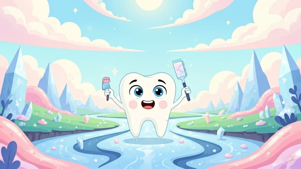 An exploration adventure with Tino following the mysterious shadow through magical landscapes, crossing shimmering rivers of saliva with crystal-clear reflections and floating clouds of light in pastel hues. Tino learns and uses magical dental care items as he walks in an atmosphere of discovery and learning. 