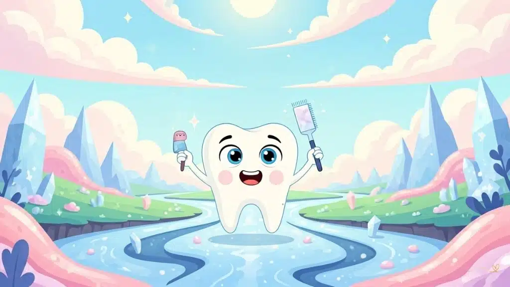 Aventura de exploração com Tino seguindo a sombra misteriosa através de paisagens mágicas, cruzando rios cintilantes de saliva com reflexos cristalinos e nuvens de luz flutuantes em tons pastéis. Tino aprende e usa itens mágicos de cuidado dental enquanto caminha em atmosfera de descoberta e aprendizado.