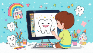 Illustration of a child using a tablet to color a drawing of a happy little tooth, with a digital color palette and painting tools around it.