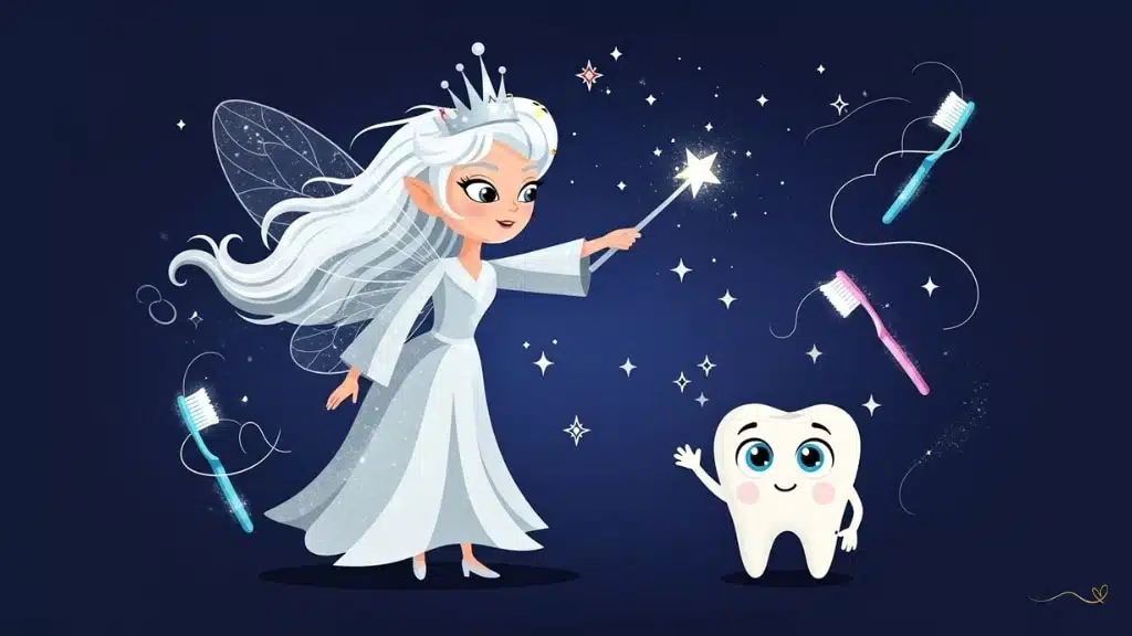 A magical educational moment with Fairy Luma teaching Tino about dental care. Magical toothbrushes and floss float around them with educational sparkles, while Tino listens attentively with his big blue eyes full of understanding. 