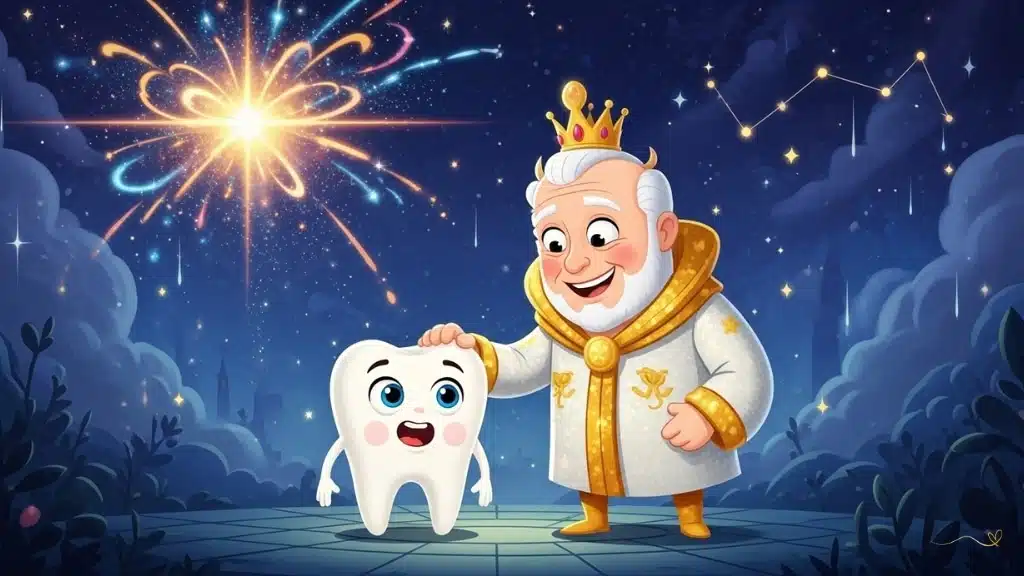 Restauração mágica com três chaves brilhantes unidas, estrela enfraquecida explodindo de volta à luz brilhante. O céu inteiro explode em luzes coloridas cintilantes. Chuva mágica de estrelas desce iluminando o Reino dos Sorrisos. Tino parece maravilhado e feliz. Sorriso coloca a mão no ombro de Tino com orgulho. Celebração da magia restaurada em momento triunfante.