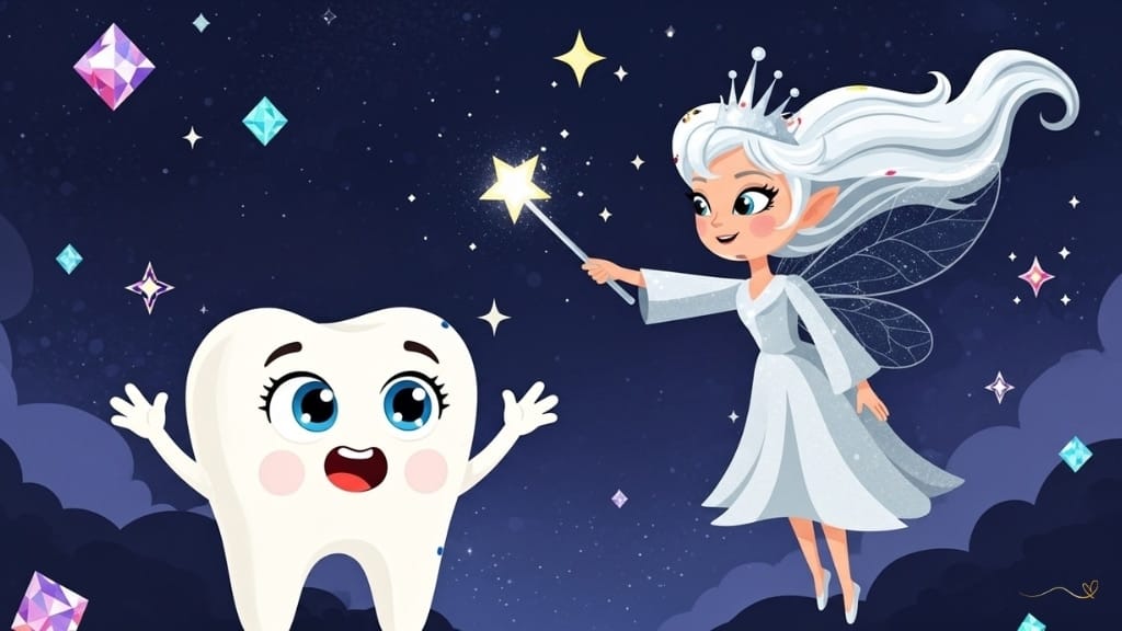 A magical night scene with Tino lying on the soft grass, gazing up in wonder. The night sky is filled with colorful stars sparkling like diamonds. Fairy Luma flies gently, appearing with her silver dress and flowing hair. A beautiful starry night atmosphere in the Kingdom of Smiles, under the stars, in a moment of peace and wonder.   