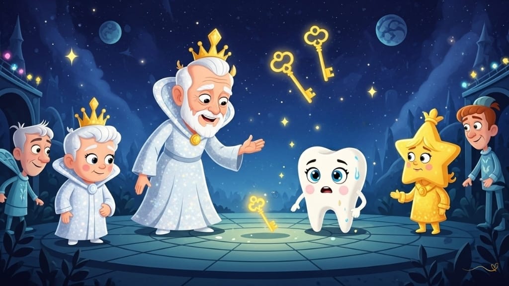 A celestial encounter in the Star Kingdom with members of the Star Council as floating, shimmering celestial beings. An elder star with a wise expression speaks to Tino, who holds his weakened sister star. A magical atmosphere floats in a shimmering cosmic environment. Three magical keys (courage, joy, daily care) begin to glow faintly. A moment of celestial wisdom.    
