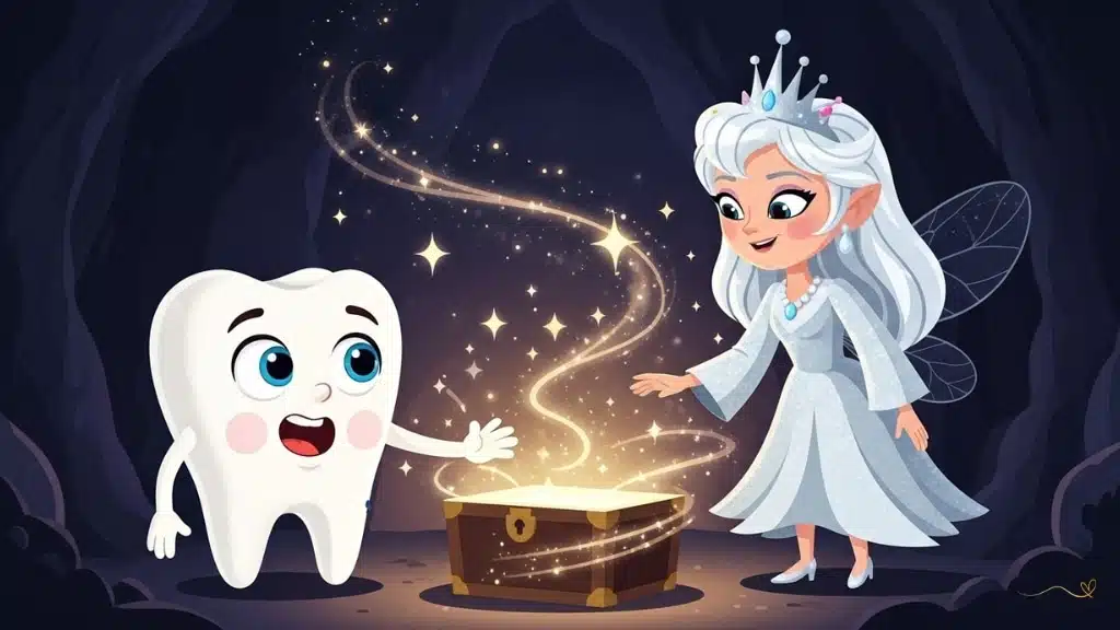 Tino takes a deep breath and places his small hand on the glowing magic chest, while Fairy Luma watches him with an encouraging, motherly expression. Magical sparkles and dancing lights begin to surround Tino in a moment of courage and determination. 