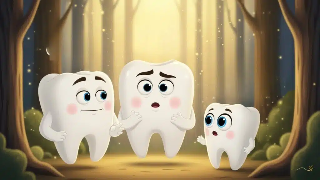 Encontro místico com três grandes Dentes Guardiões Dourados flutuantes com olhos bondosos e expressões sábias falando em uníssono. Tino escuta atentamente. Guardiões dourados ensinam lições valiosas sobre cuidado diário com o sorriso e união familiar. Fundo da floresta mágica com luz dourada. Momento de ensinamento de sabedoria em atmosfera etérea dourada.