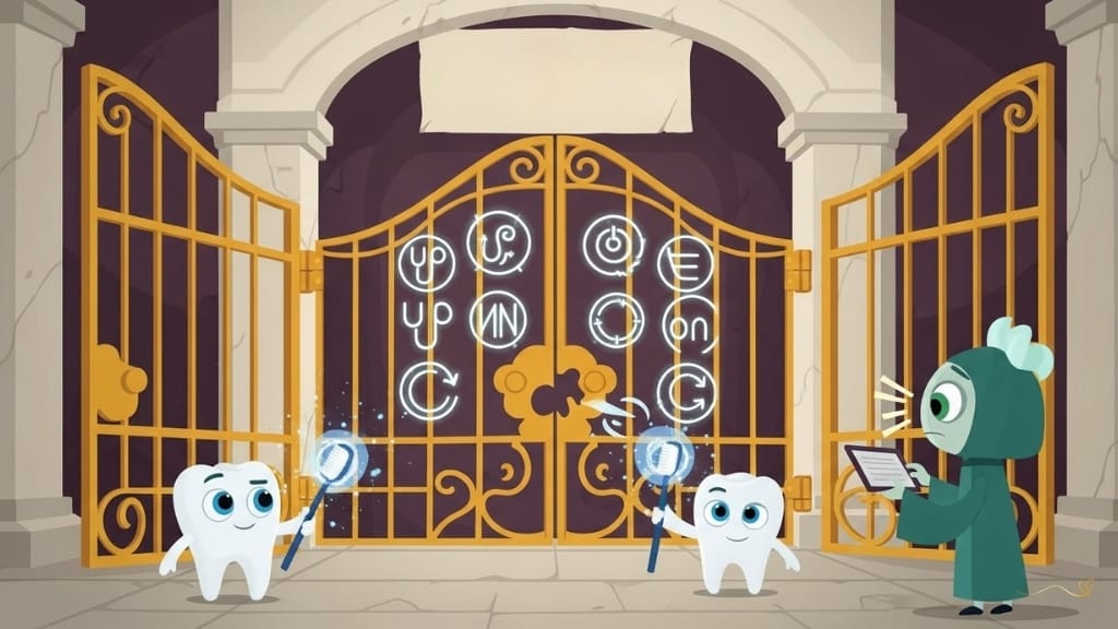 Puzzle challenge featuring large, ornate golden gates made of pure gold with magical symbols drawn in the center. The inscription reads, "Only those who know the power of brushing will be able to pass through." Tino holds a magic brush, demonstrating correct brushing movements (up, down, circular, patient). A smile analyzes the symbols. The gate symbols glow brighter with each correct movement until the gate opens with a soft sound. An educational challenge atmosphere.