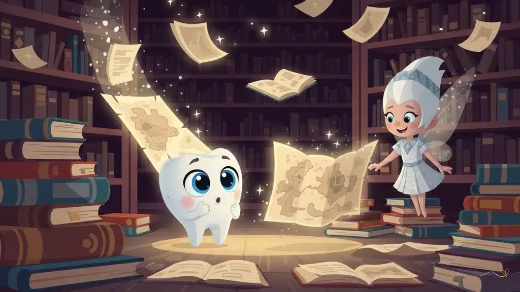 Cena mágica da biblioteca com Tino na Biblioteca dos Dentinhos repleta de livros brilhantes e páginas dançando sozinhas. Um mapa luminoso mágico desliza para fora de entre livros antigos. Tino segura o mapa cuidadosamente com admiração enquanto a Fada Luma aparece sorrindo. Atmosfera mágica cintilante com páginas de livros flutuando em momento de descoberta.