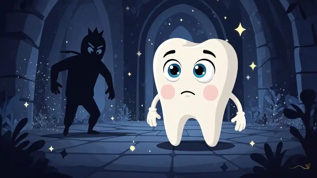 The mysterious shadowy figure moves again in the corner of the Kingdom as Tino looks in its direction with a mixture of curiosity and mild concern. The magical surroundings retain their shimmering elements, creating suspense suitable for children. 
