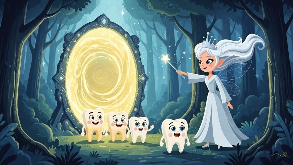 An epic revelation in the heart of the forest, with a magnificent mystical portal glowing brightly with golden and blue light. Golden Guardians lead Tino to the portal. The portal is made of swirling golden and blue magical energy. The promise of new worlds in the Kingdom of Smiles is visible through the portal. Fairy Luma explains with a smile. An atmosphere of excitement and wonder at the end of the season.