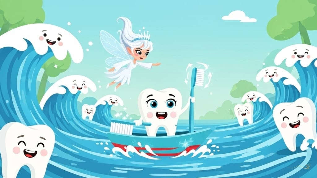 Desafio no rio com Tino navegando em barco em forma de escova de dentes, ondas em forma de dentes sorridentes se movendo de um lado para o outro ritmicamente. Tino segura escova mágica demonstrando movimentos corretos de escovação (para cima, para baixo, circulares). Ondas se acalmam conforme ele executa corretamente. Sorriso guia. Lição educativa de escovação em ação no ambiente mágico do rio.