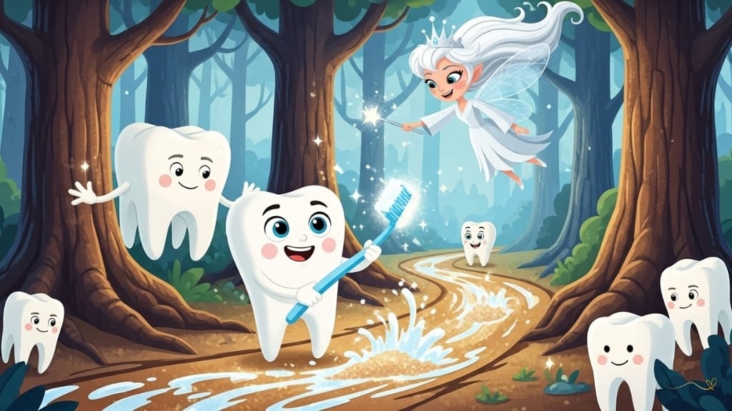 Adventure challenge scene in the Forest of Giant Molars, with enormous molar trees and thick rivers of sugar flowing as obstacles. Tino uses a magic toothbrush to clear the path by removing sugar grain by grain, transforming it into crystal-clear water with each brushing stroke. Fairy Luma watches encouragingly. Magical cleaning effect with sparkles teaching about brushing.